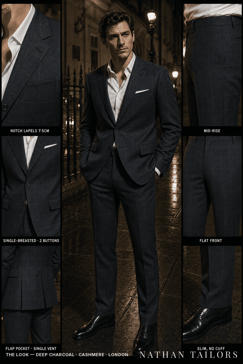 deep charcoal windowpane single-breasted notch-lapel bespoke suit — AI-rendered by Nathan Tailors, the Hoi An custom tailor. Available as a custom tailored suit from $149.