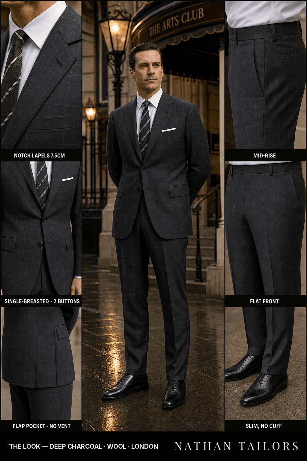 deep charcoal windowpane single-breasted notch-lapel bespoke suit — AI-rendered by Nathan Tailors, the Hoi An custom tailor. Available as a custom tailored suit from $149.