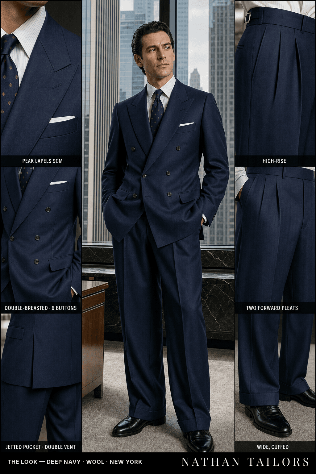deep navy chalk stripe double-breasted peak-lapel bespoke suit — AI-rendered by Nathan Tailors, the Hoi An custom tailor. Available as a custom tailored suit from $149.
