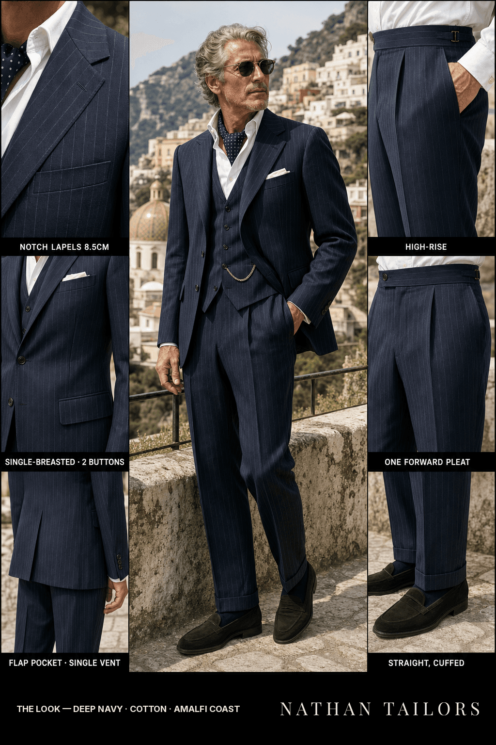 deep navy chalk stripe single-breasted notch-lapel bespoke suit — AI-rendered by Nathan Tailors, the Hoi An custom tailor. Available as a custom tailored suit from $149.