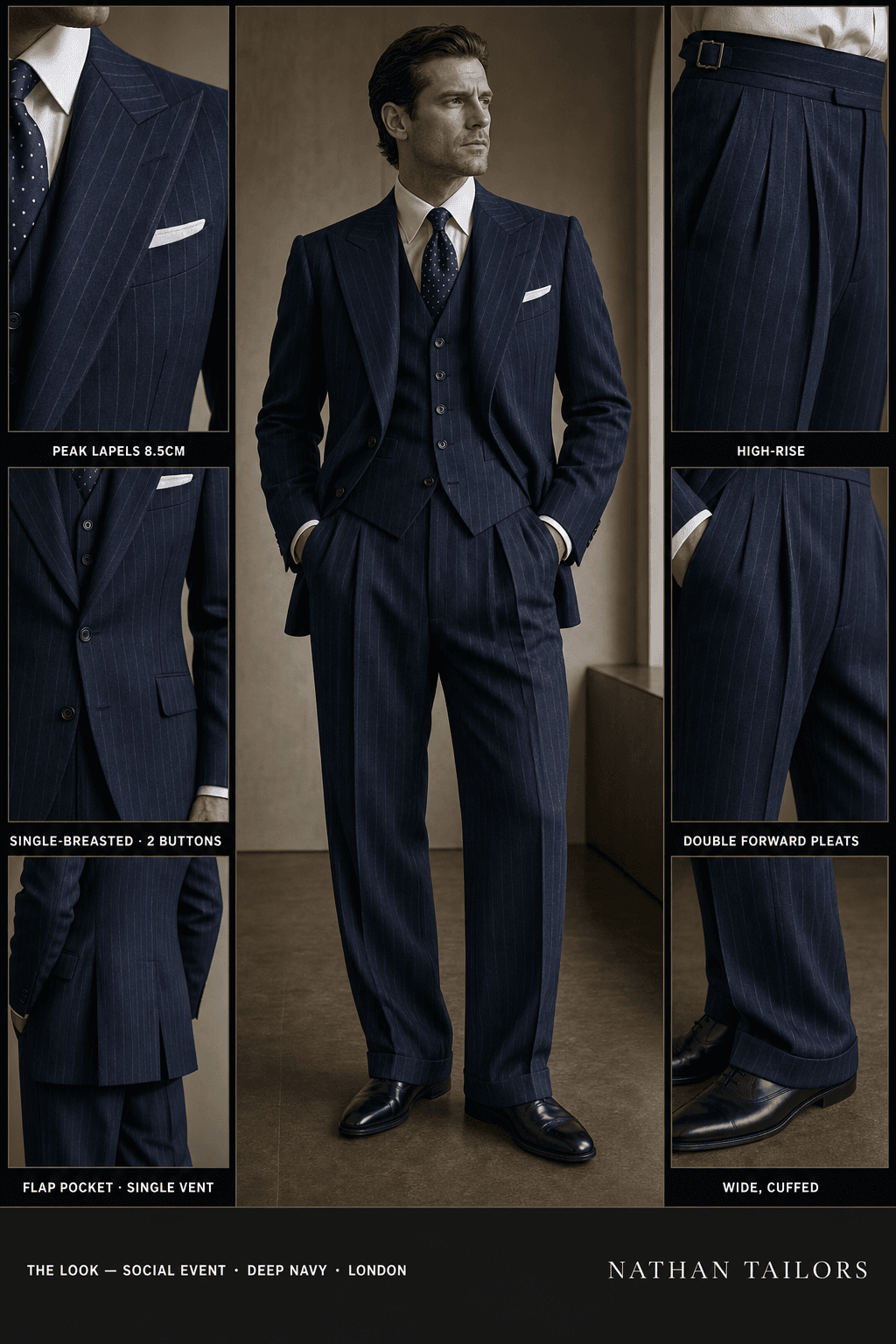 deep navy chalk stripe single-breasted peak-lapel bespoke suit — AI-rendered by Nathan Tailors, the Hoi An custom tailor. Available as a custom tailored suit from $129.
