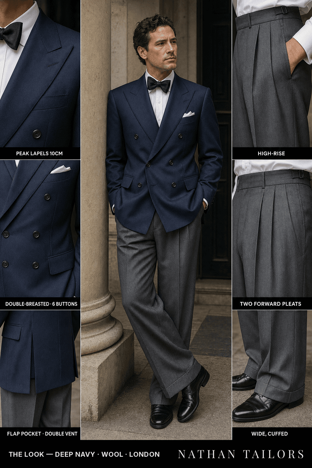 deep navy double-breasted bespoke suit — custom tailored by Nathan Tailors, the Hoi An custom tailor