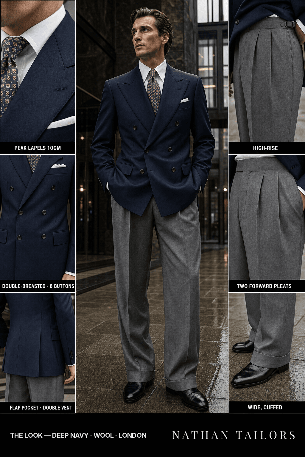 deep navy double-breasted bespoke suit — custom tailored by Nathan Tailors, the Hoi An custom tailor