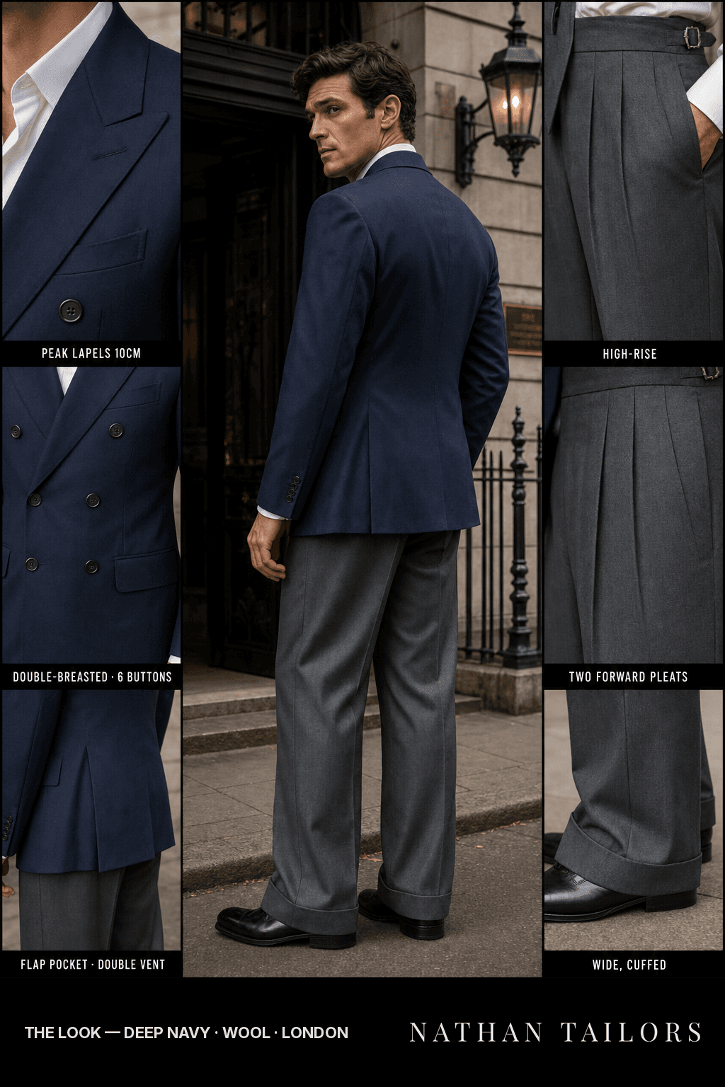 deep navy double-breasted bespoke suit — custom tailored by Nathan Tailors, the Hoi An custom tailor