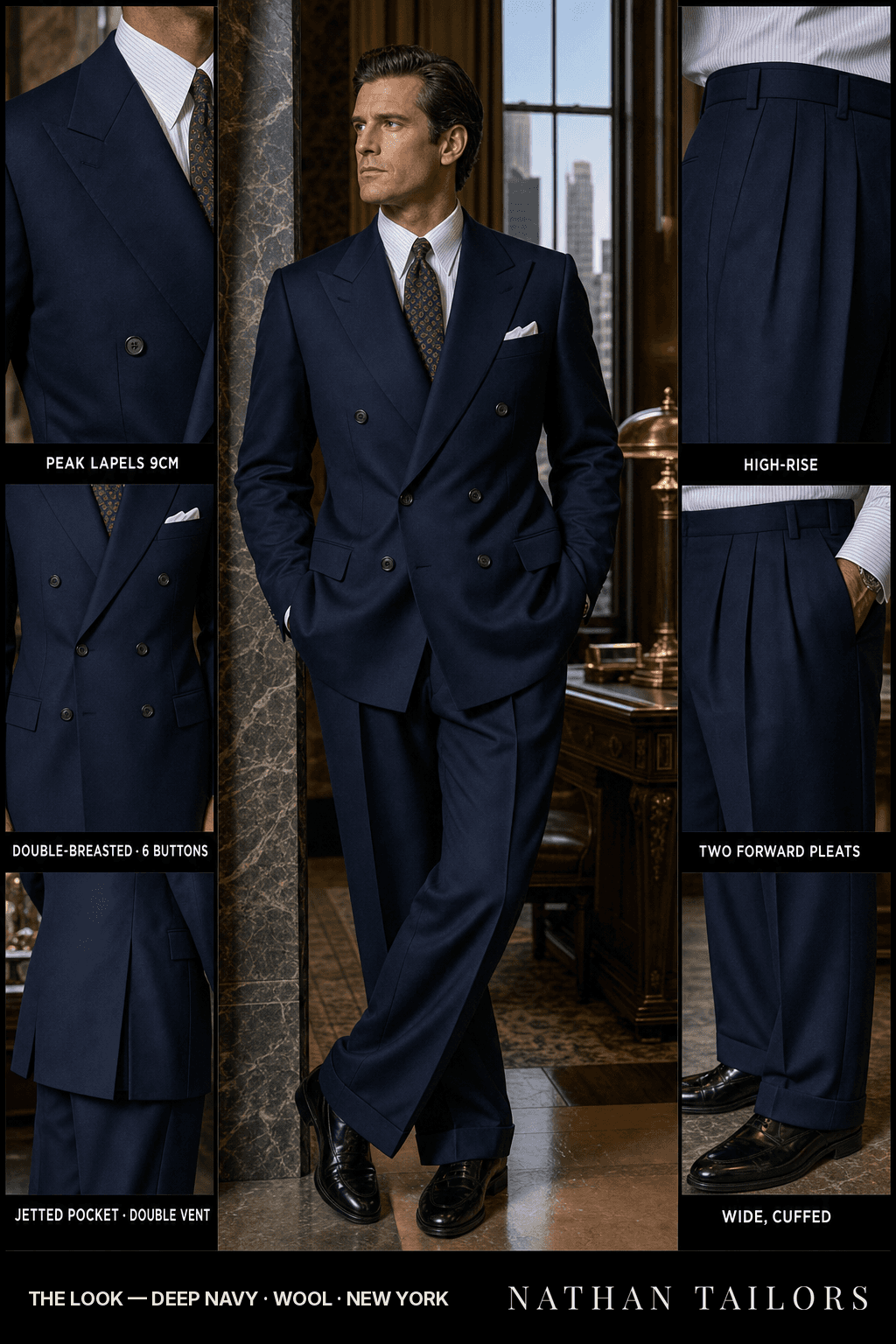 deep navy double-breasted bespoke suit — custom tailored by Nathan Tailors, the Hoi An custom tailor