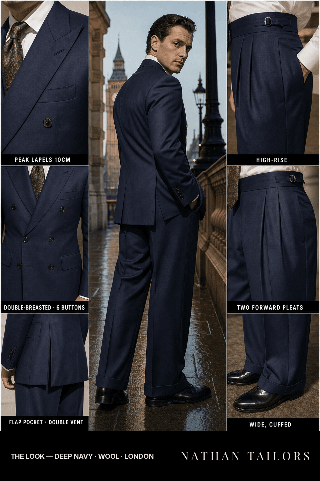 deep navy double-breasted bespoke suit — custom tailored by Nathan Tailors, the Hoi An custom tailor