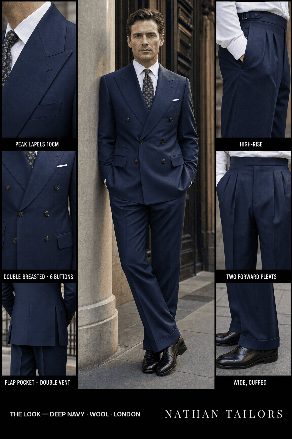 deep navy double-breasted bespoke suit — custom tailored by Nathan Tailors, the Hoi An custom tailor