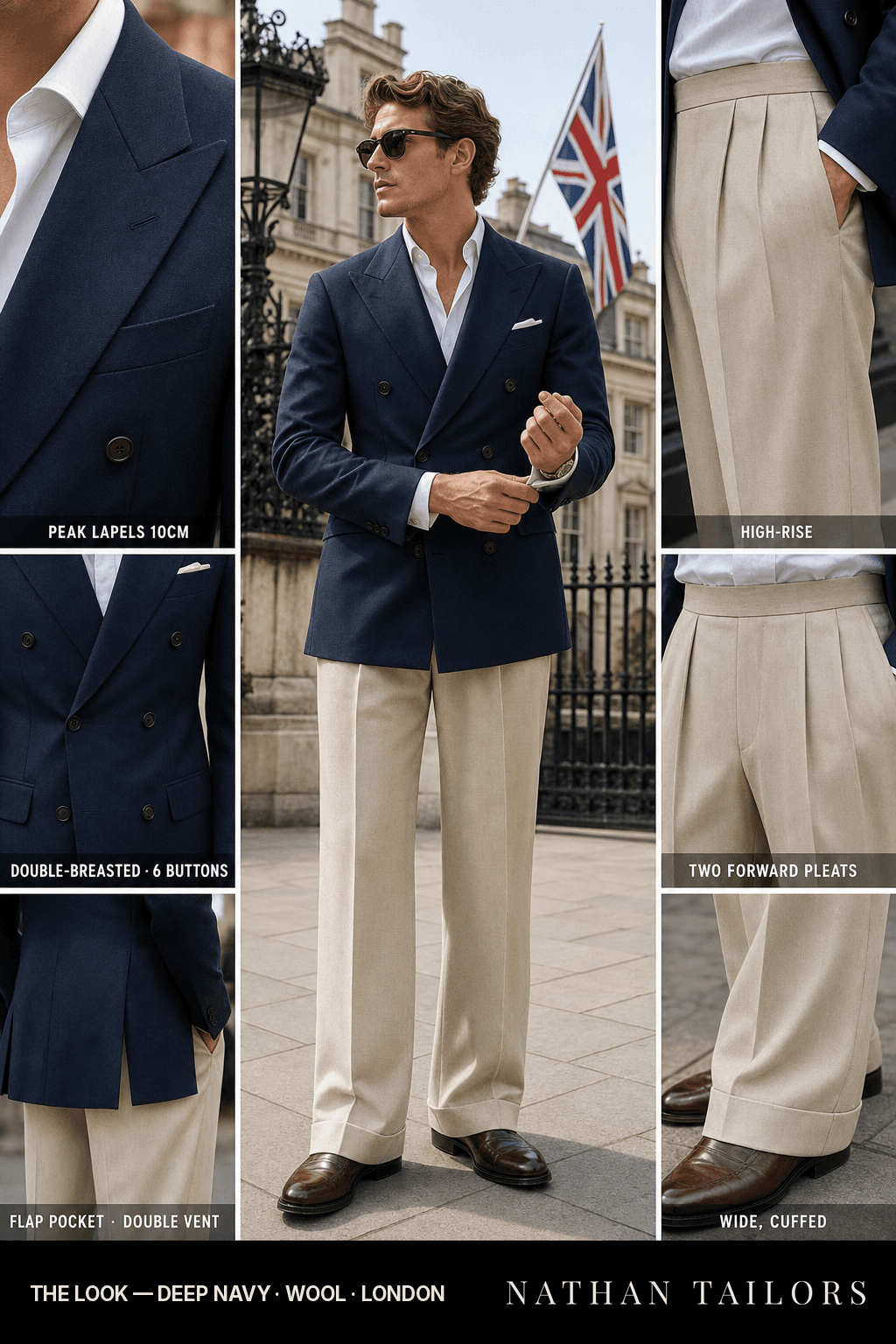 deep navy double-breasted bespoke suit — custom tailored by Nathan Tailors, the Hoi An custom tailor
