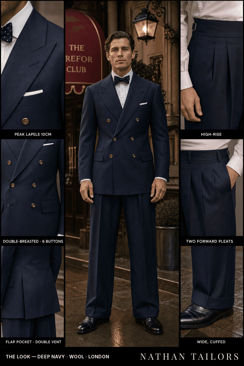deep navy double-breasted bespoke suit — custom tailored by Nathan Tailors, the Hoi An custom tailor