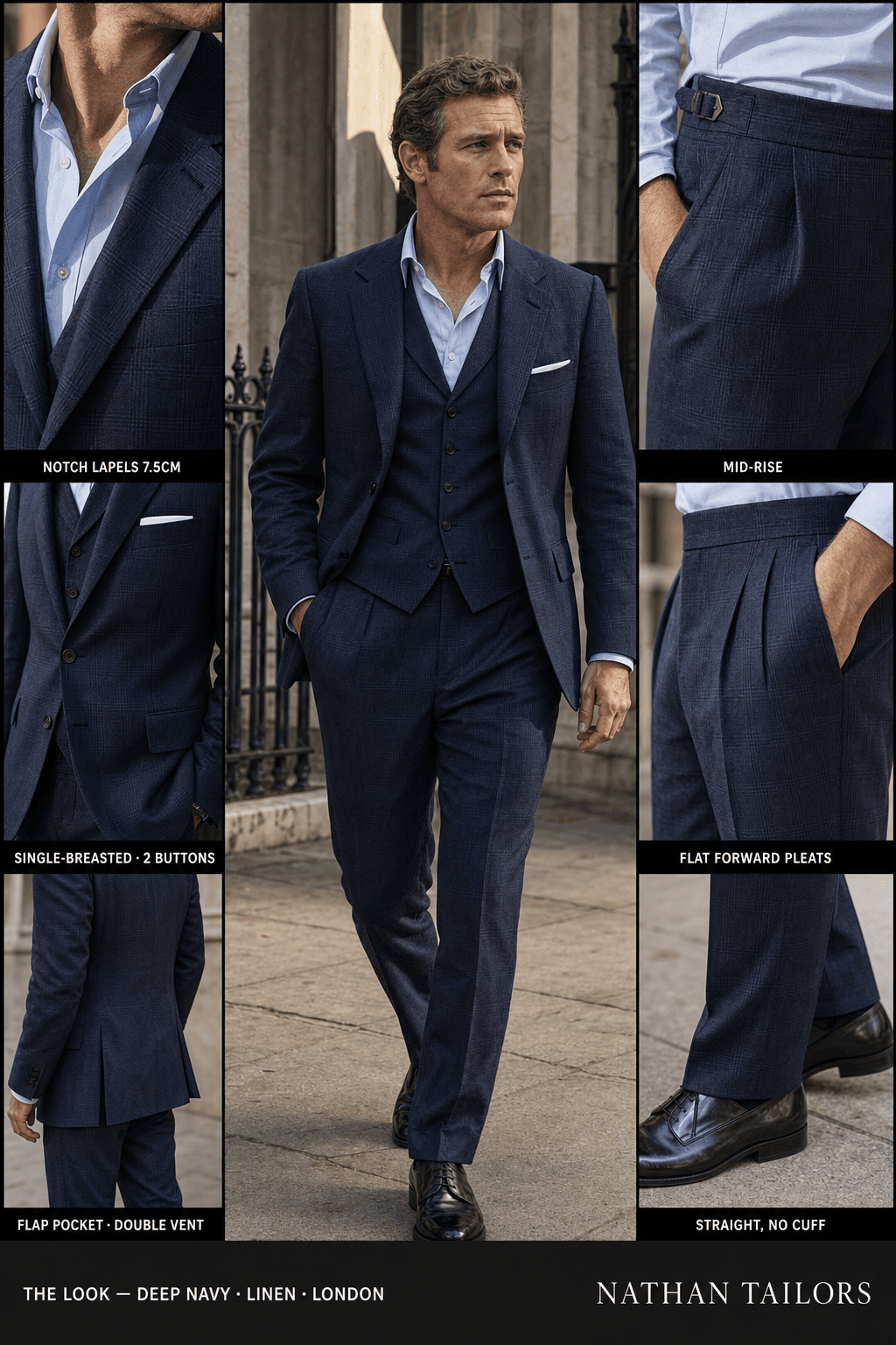 deep navy glen plaid single-breasted notch-lapel bespoke suit — AI-rendered by Nathan Tailors, the Hoi An custom tailor. Available as a custom tailored suit from $149.