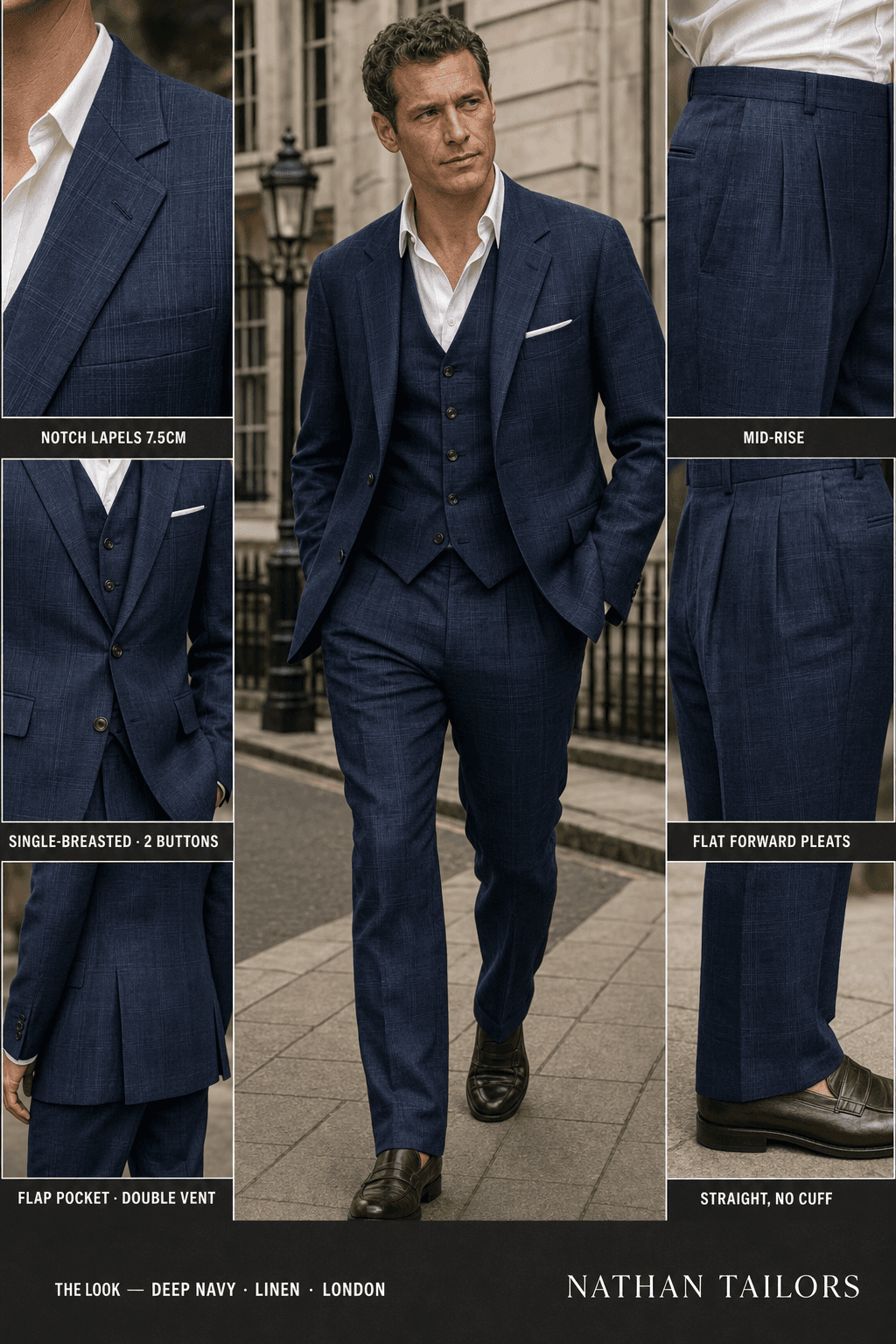deep navy glen plaid single-breasted notch-lapel bespoke suit — AI-rendered by Nathan Tailors, the Hoi An custom tailor. Available as a custom tailored suit from $149.
