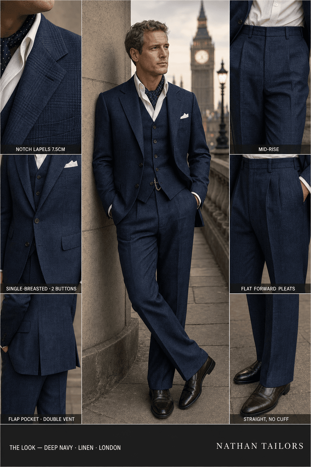 deep navy glen plaid single-breasted notch-lapel bespoke suit — AI-rendered by Nathan Tailors, the Hoi An custom tailor. Available as a custom tailored suit from $149.