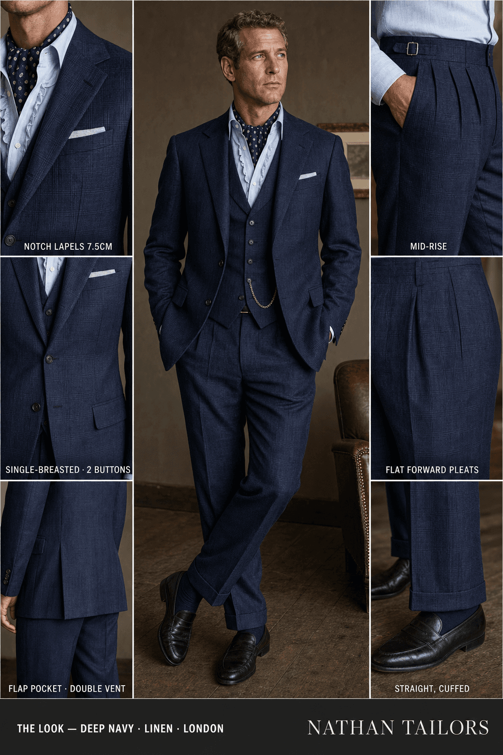 deep navy glen plaid single-breasted notch-lapel bespoke suit — AI-rendered by Nathan Tailors, the Hoi An custom tailor. Available as a custom tailored suit from $149.