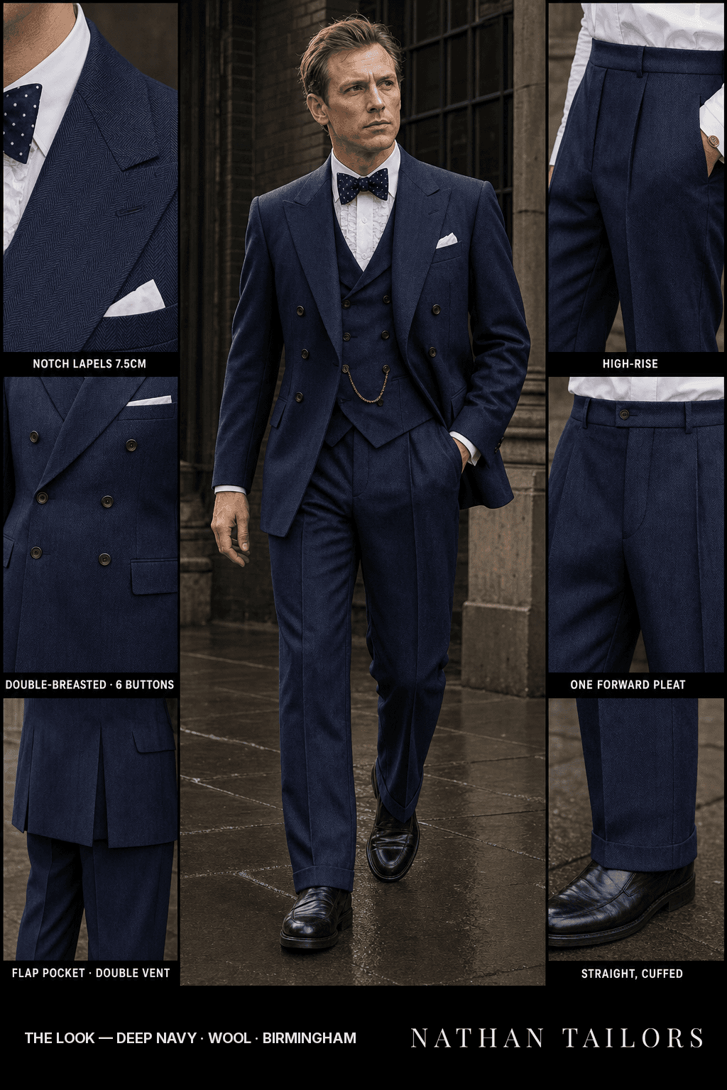 deep navy herringbone double-breasted bespoke suit — custom tailored by Nathan Tailors, the Hoi An custom tailor