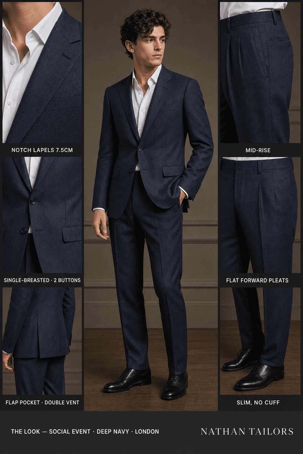 deep navy herringbone single-breasted bespoke suit — custom tailored by Nathan Tailors, the Hoi An custom tailor
