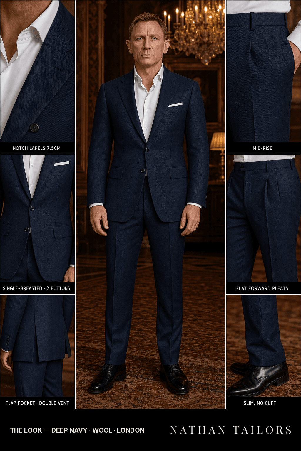 deep navy herringbone single-breasted bespoke suit — custom tailored by Nathan Tailors, the Hoi An custom tailor