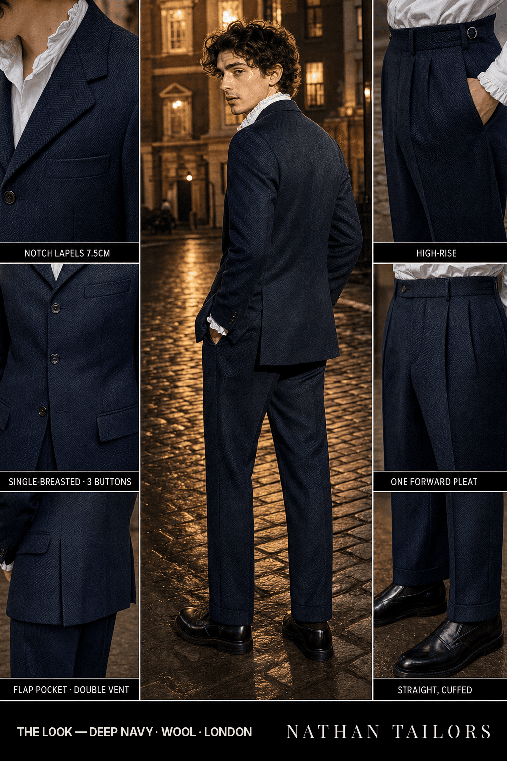 deep navy herringbone single-breasted bespoke suit — custom tailored by Nathan Tailors, the Hoi An custom tailor