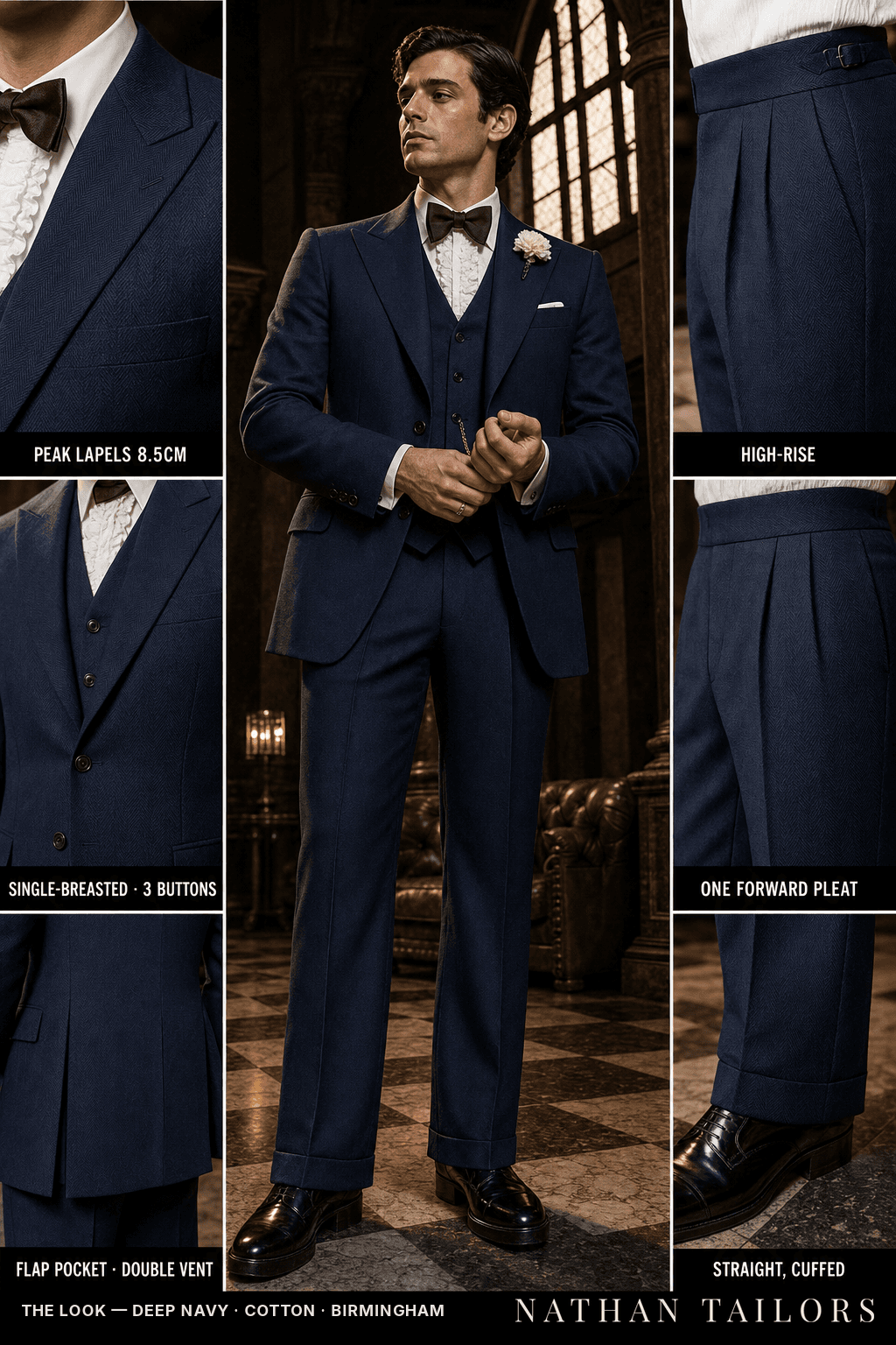 deep navy herringbone single-breasted bespoke suit — custom tailored by Nathan Tailors, the Hoi An custom tailor