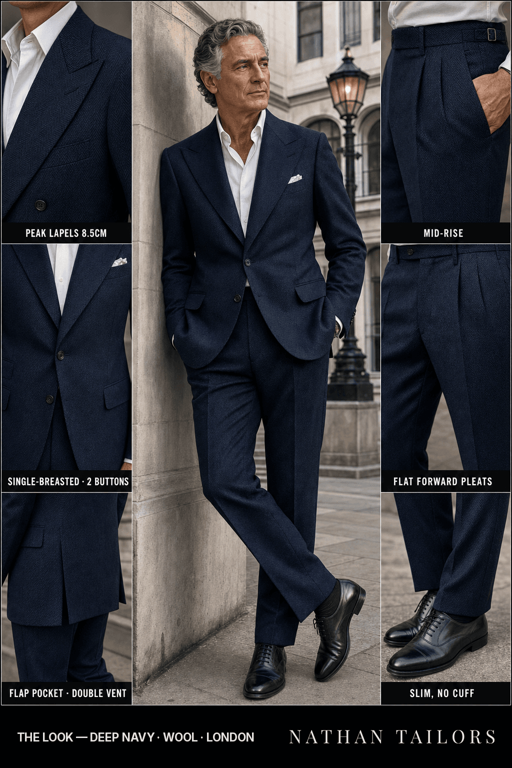 deep navy herringbone single-breasted bespoke suit — custom tailored by Nathan Tailors, the Hoi An custom tailor