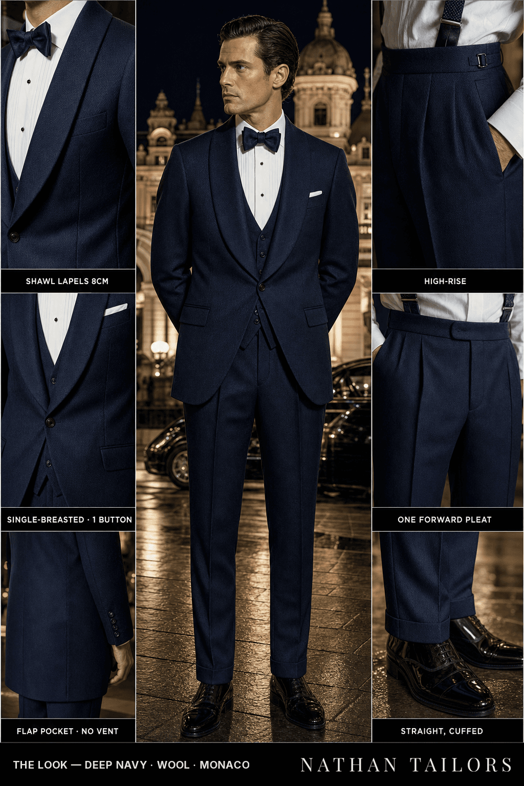 deep navy herringbone single-breasted bespoke suit — custom tailored by Nathan Tailors, the Hoi An custom tailor