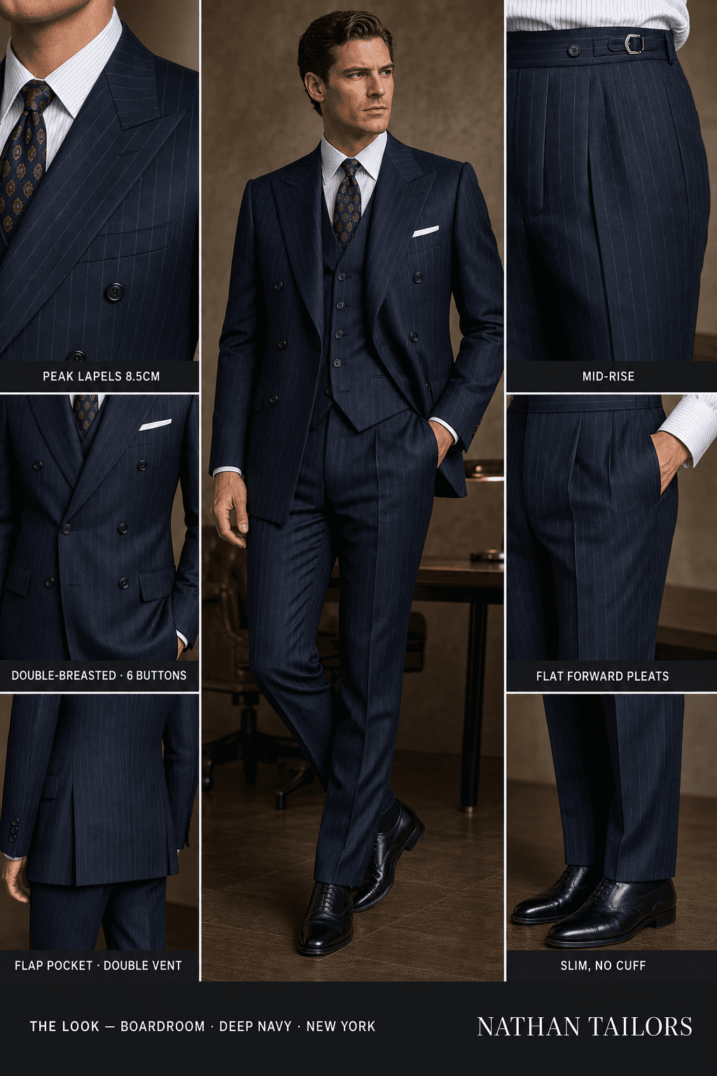 deep navy pinstripe double-breasted peak-lapel bespoke suit — AI-rendered by Nathan Tailors, the Hoi An custom tailor. Available as a custom tailored suit from $129.