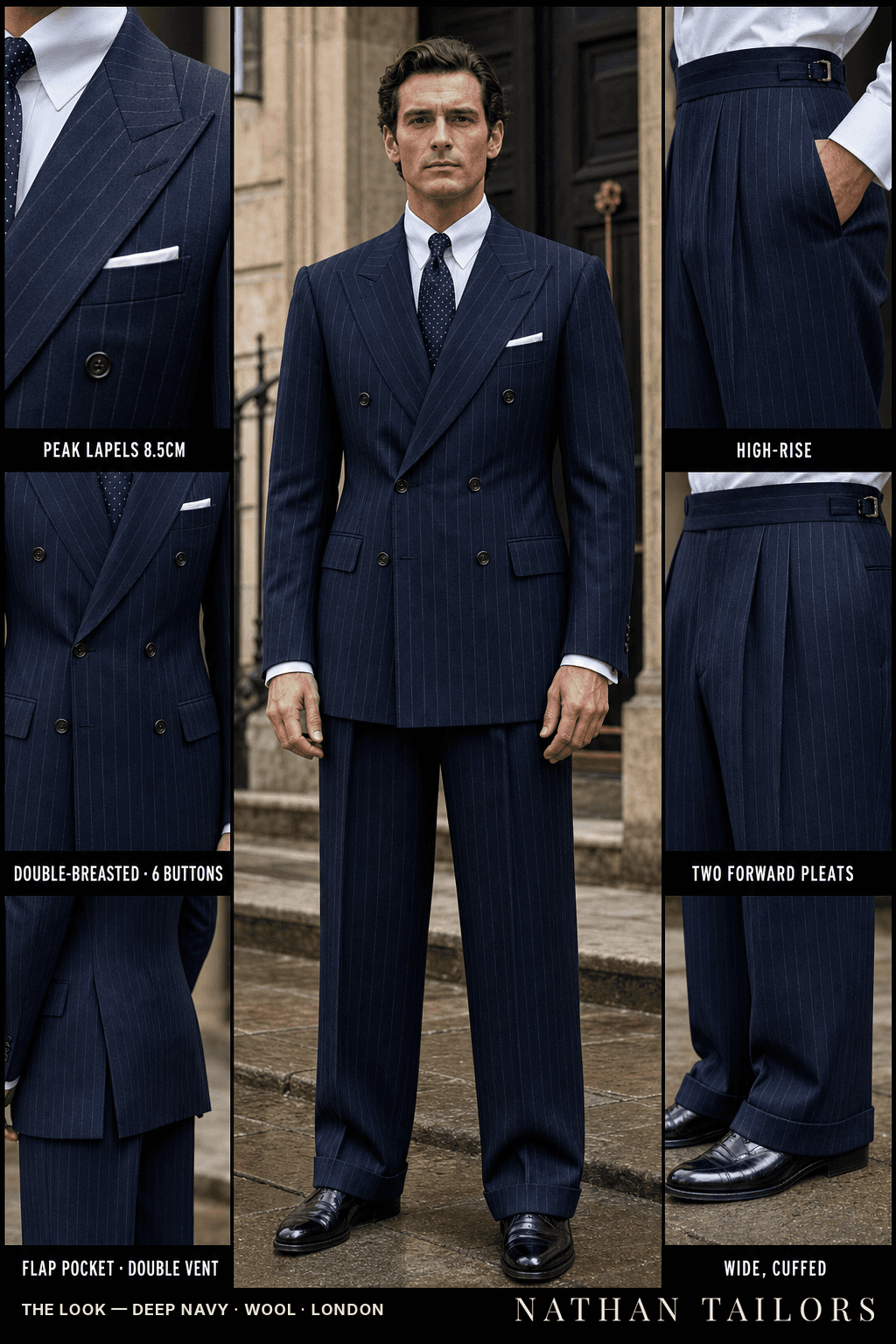 deep navy pinstripe double-breasted bespoke suit — custom tailored by Nathan Tailors, the Hoi An custom tailor