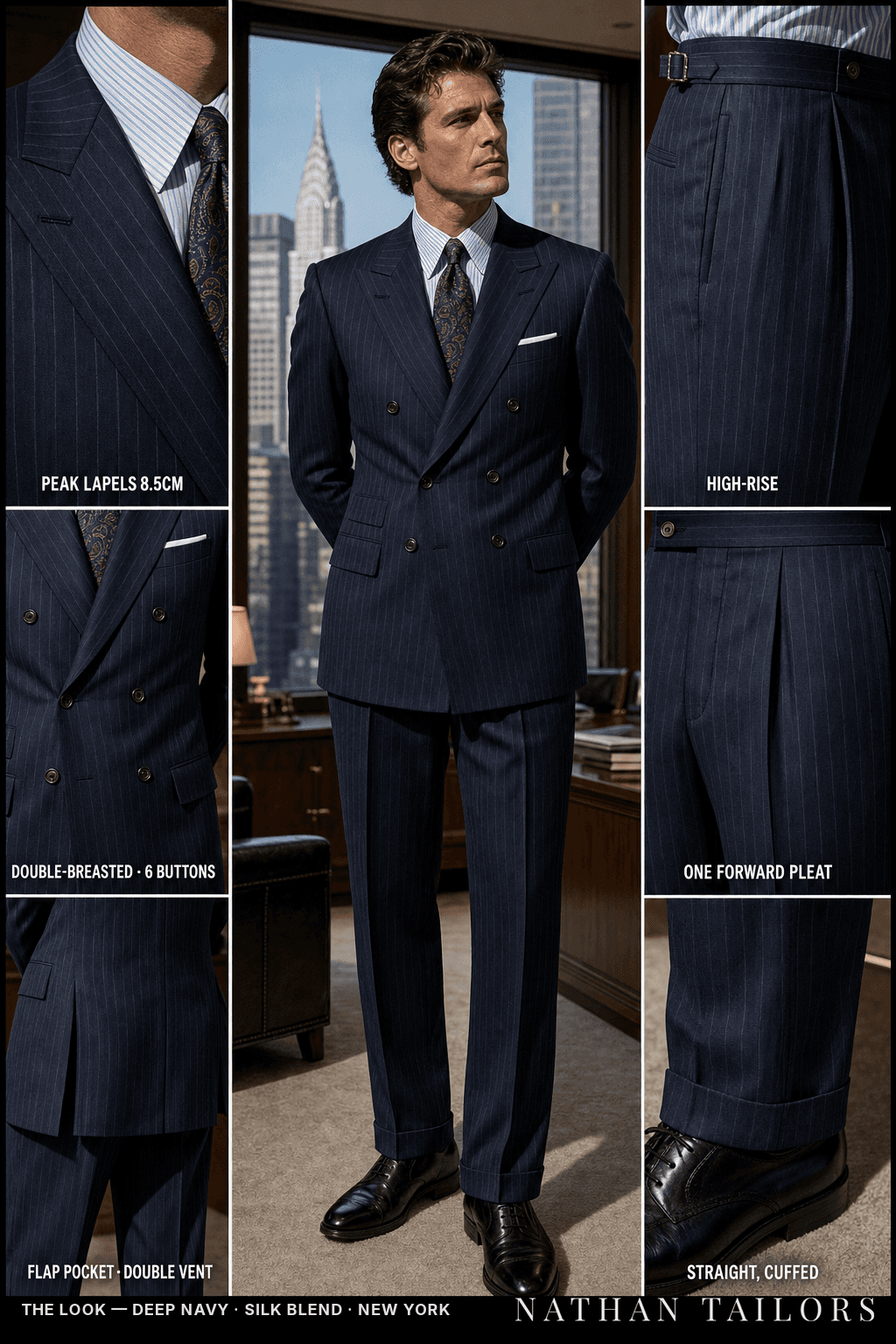 deep navy pinstripe double-breasted peak-lapel bespoke suit — AI-rendered by Nathan Tailors, the Hoi An custom tailor. Available as a custom tailored suit from $149.