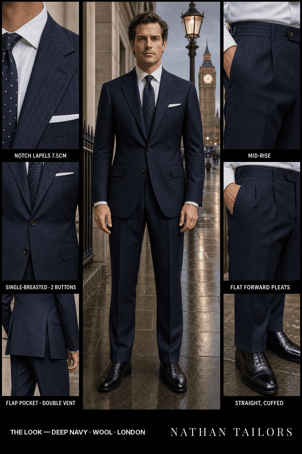 deep navy pinstripe single-breasted notch-lapel bespoke suit — AI-rendered by Nathan Tailors, the Hoi An custom tailor. Available as a custom tailored suit from $149.