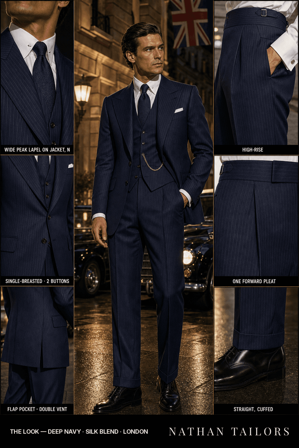 deep navy pinstripe single-breasted bespoke suit — custom tailored by Nathan Tailors, the Hoi An custom tailor