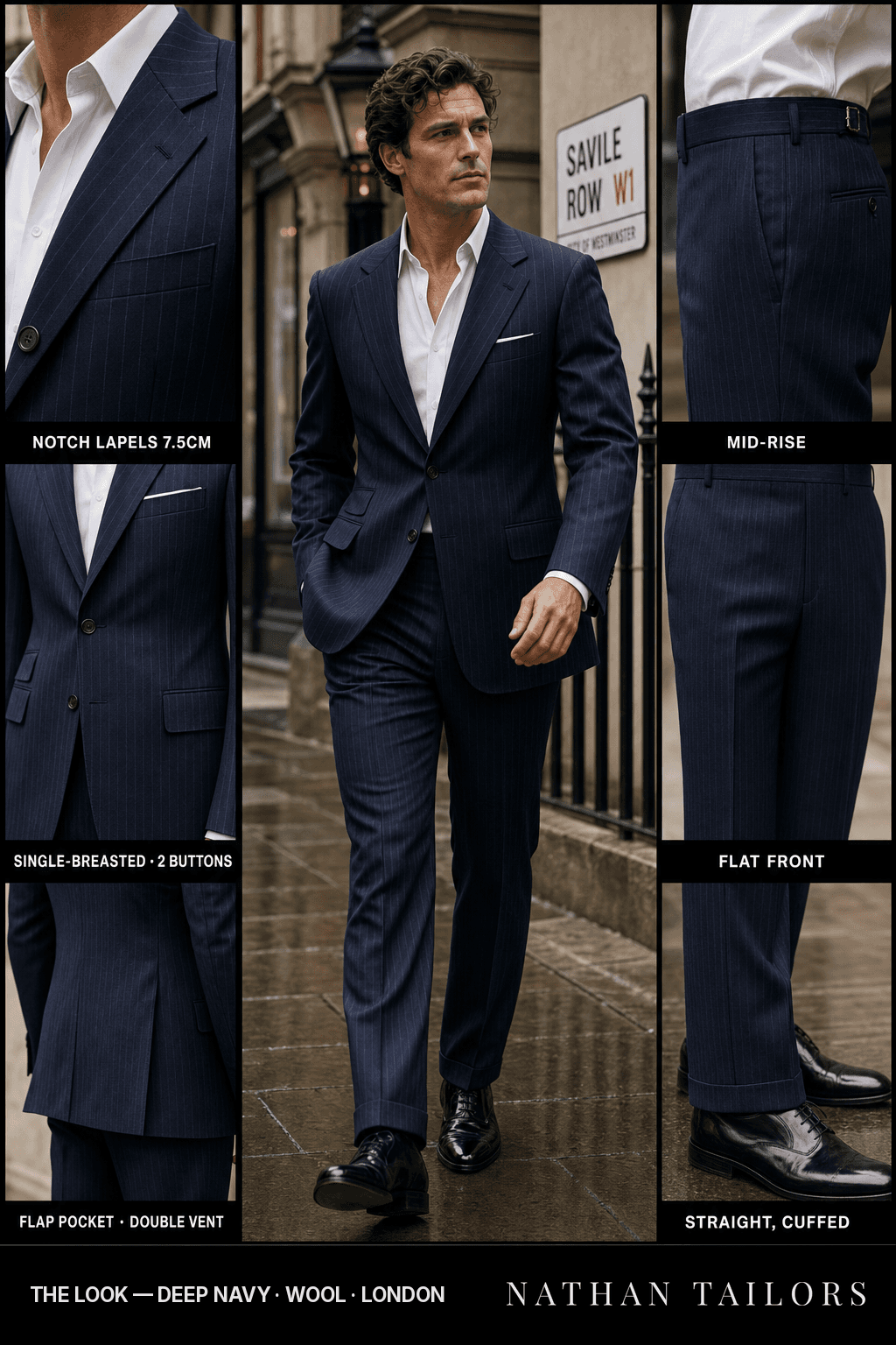deep navy pinstripe single-breasted notch-lapel bespoke suit — AI-rendered by Nathan Tailors, the Hoi An custom tailor. Available as a custom tailored suit from $149.