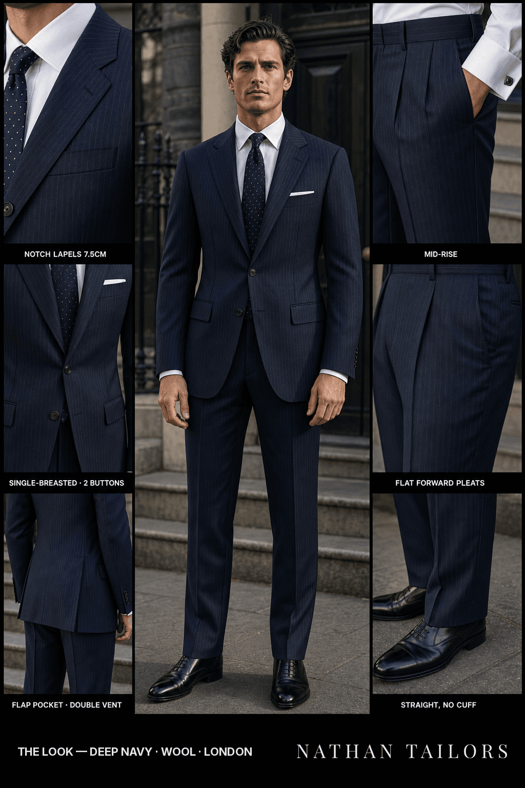 deep navy pinstripe single-breasted bespoke suit — custom tailored by Nathan Tailors, the Hoi An custom tailor