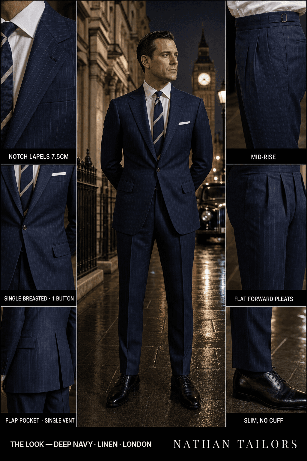 deep navy pinstripe single-breasted bespoke suit — custom tailored by Nathan Tailors, the Hoi An custom tailor