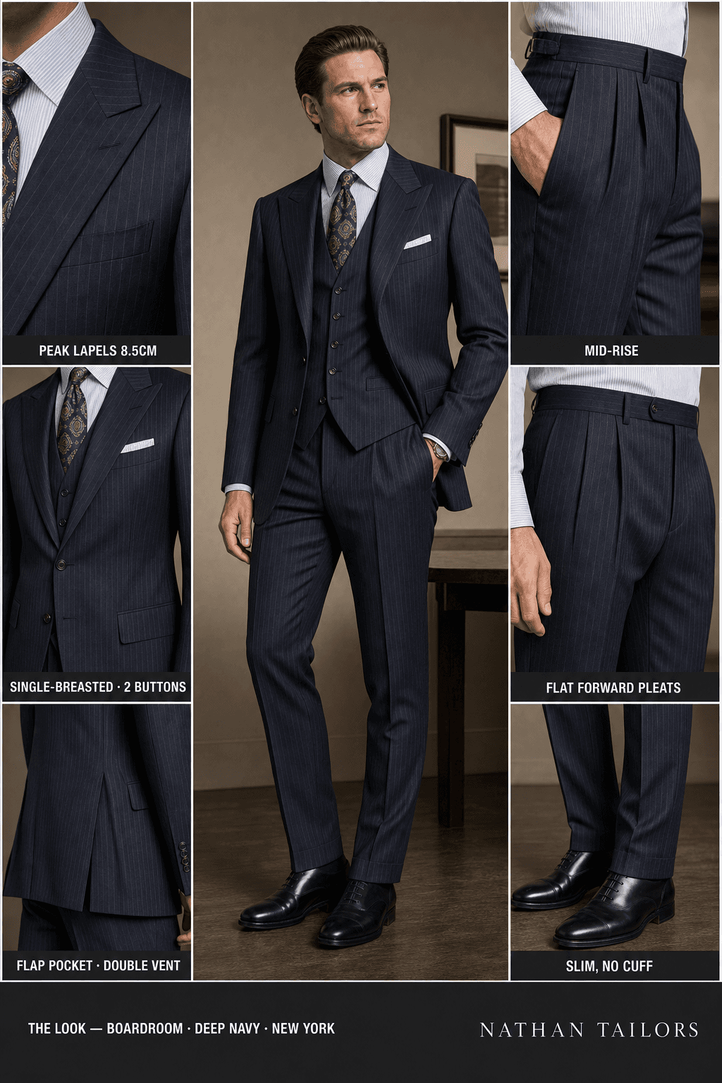 deep navy pinstripe single-breasted peak-lapel bespoke suit — AI-rendered by Nathan Tailors, the Hoi An custom tailor. Available as a custom tailored suit from $129.