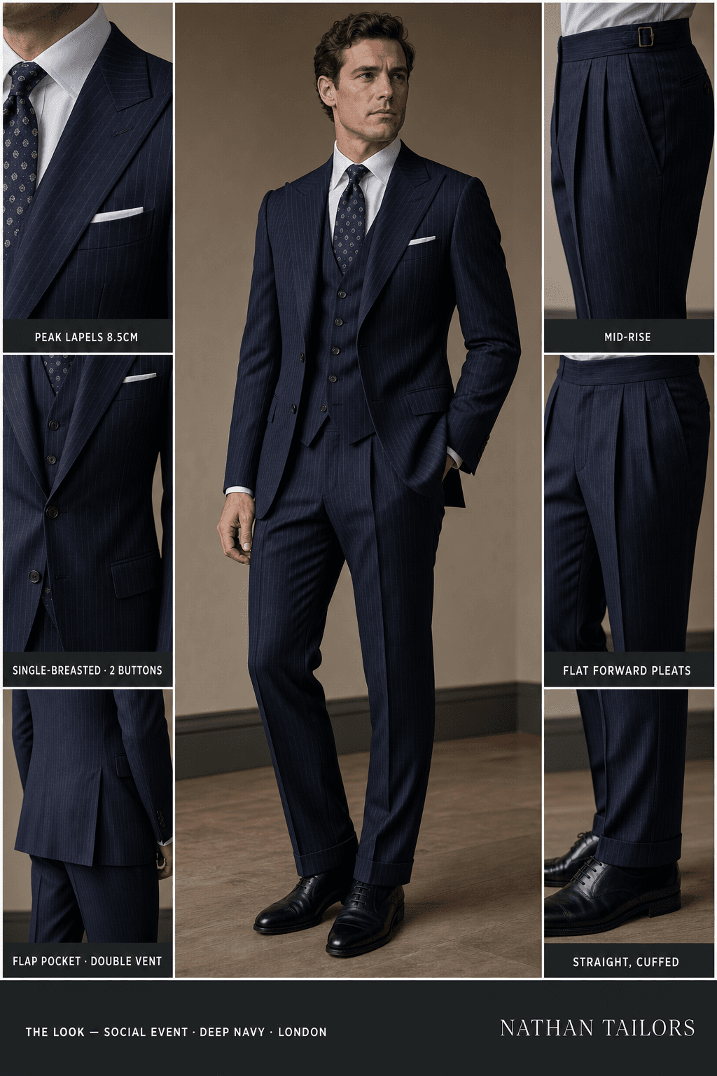 deep navy pinstripe single-breasted bespoke suit — custom tailored by Nathan Tailors, the Hoi An custom tailor