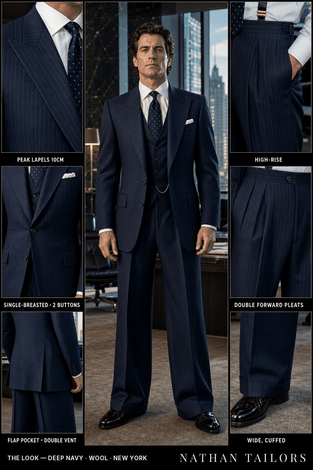 deep navy pinstripe single-breasted bespoke suit — custom tailored by Nathan Tailors, the Hoi An custom tailor