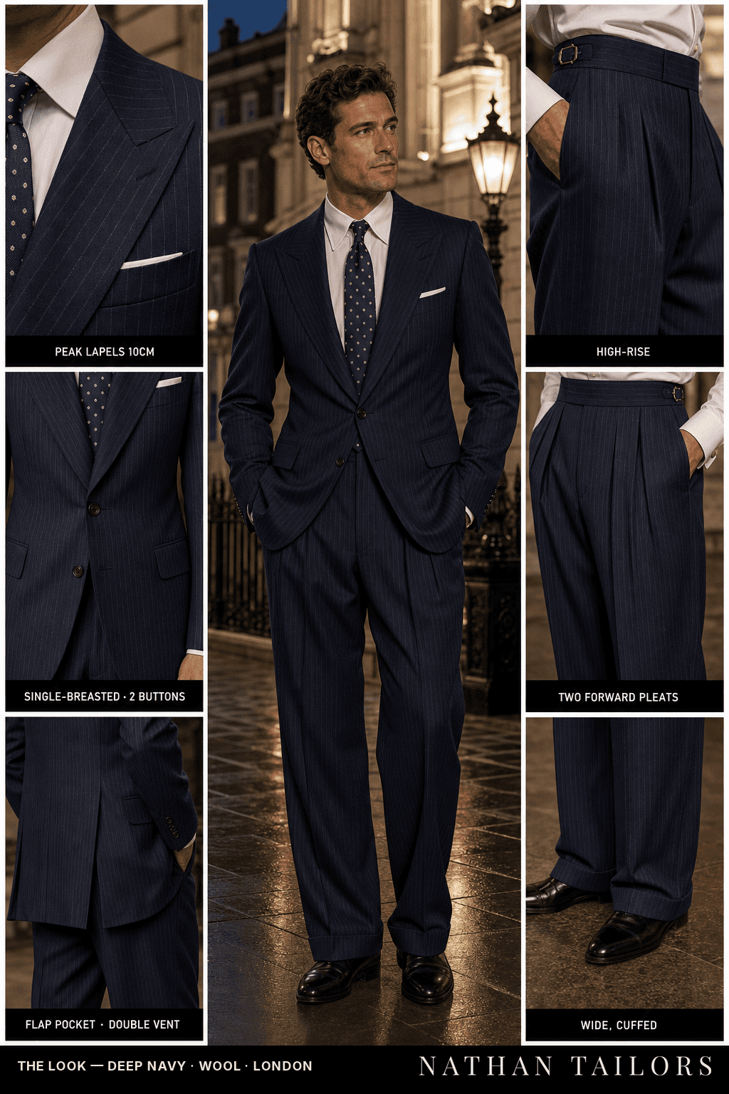 deep navy pinstripe single-breasted bespoke suit — custom tailored by Nathan Tailors, the Hoi An custom tailor