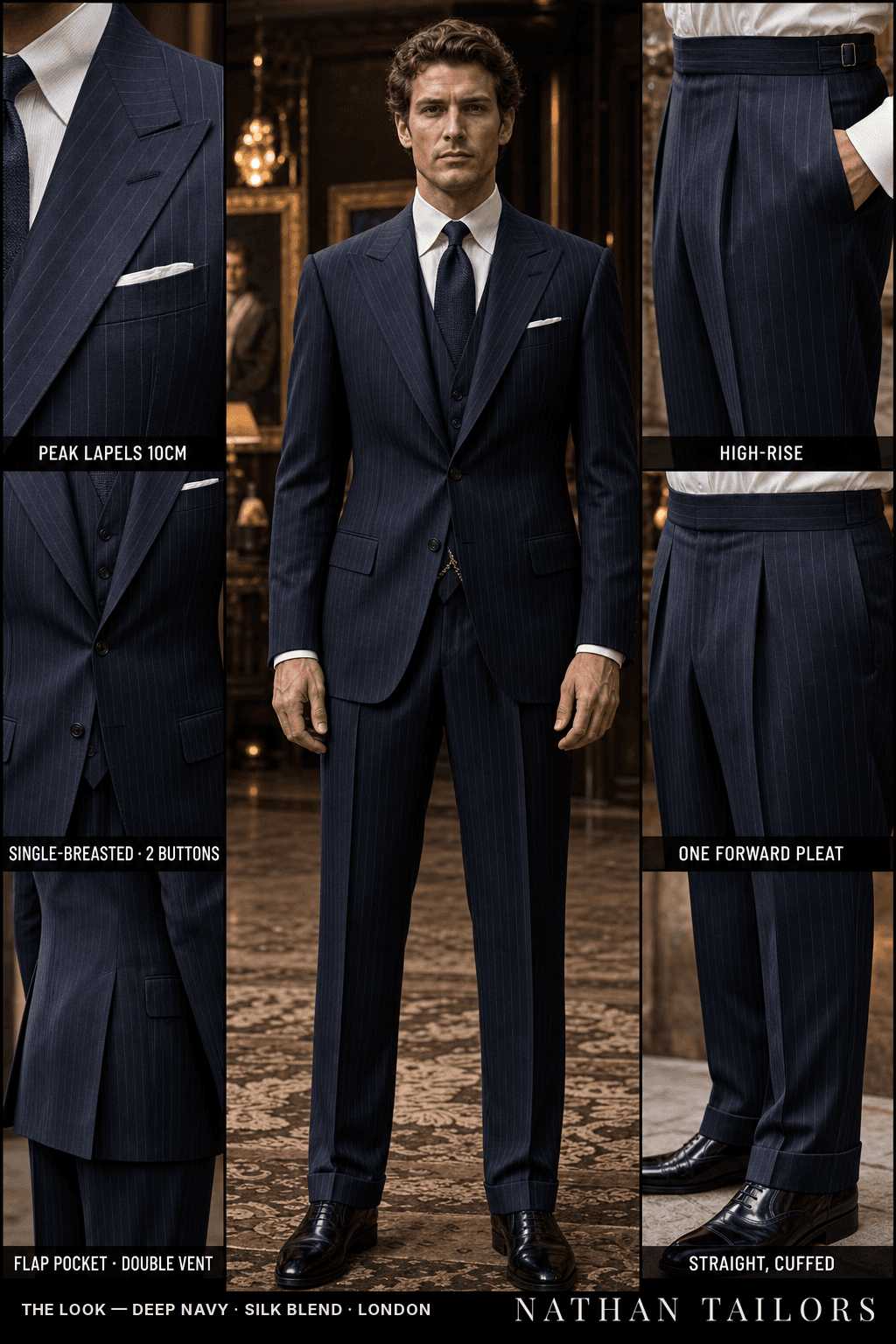 deep navy pinstripe single-breasted bespoke suit — custom tailored by Nathan Tailors, the Hoi An custom tailor