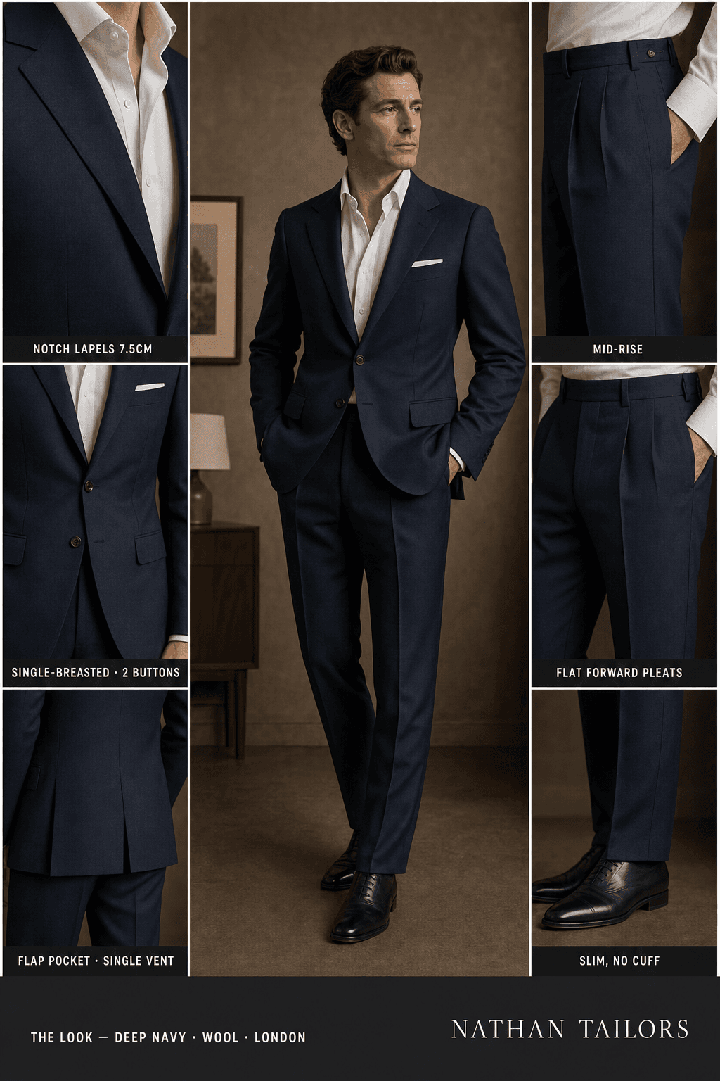 deep navy single-breasted bespoke suit — custom tailored by Nathan Tailors, the Hoi An custom tailor