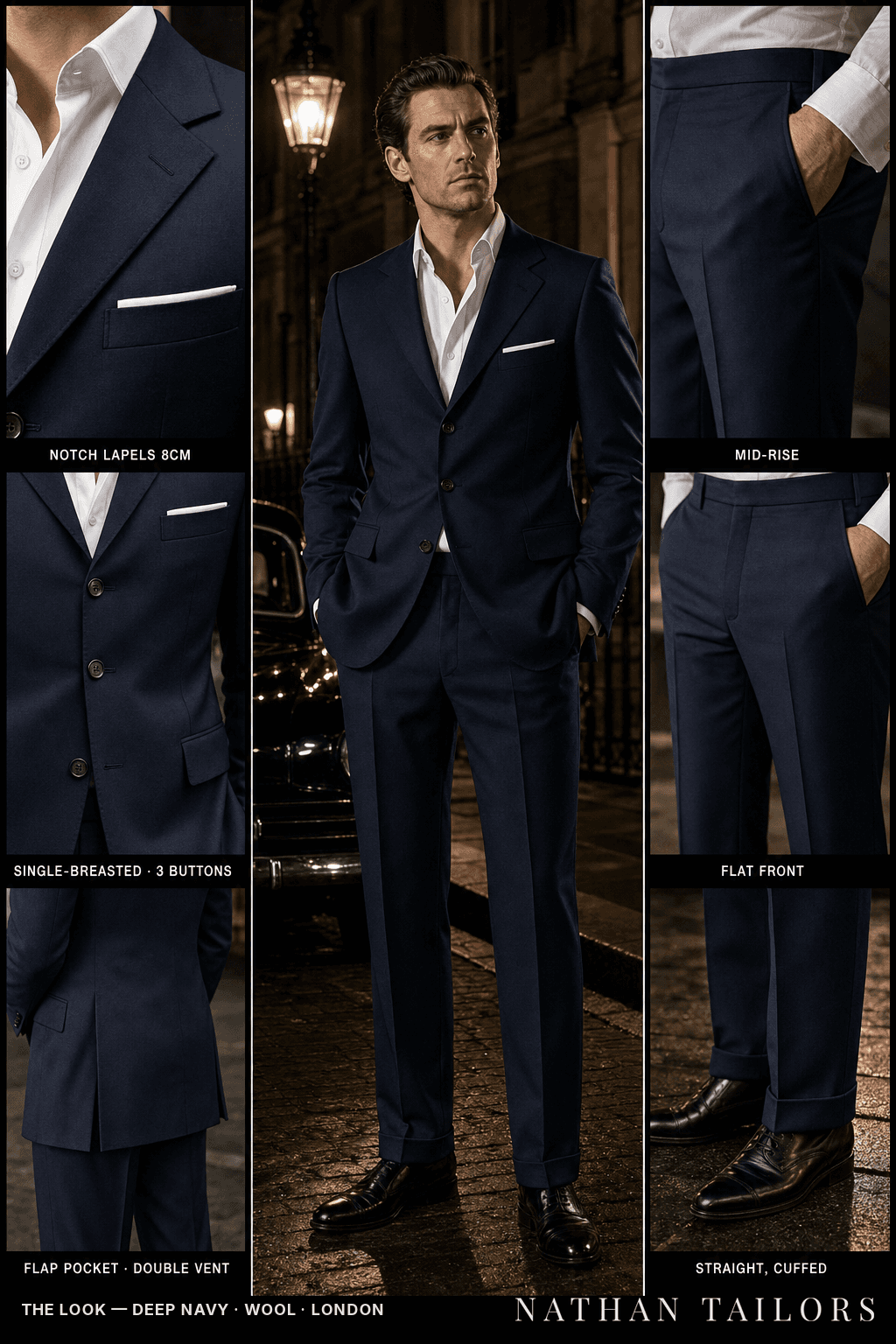 deep navy single-breasted bespoke suit — custom tailored by Nathan Tailors, the Hoi An custom tailor