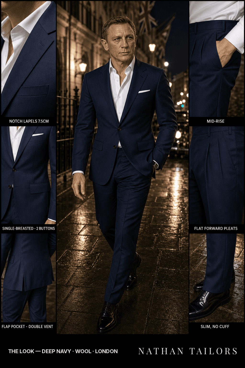 deep navy single-breasted bespoke suit — custom tailored by Nathan Tailors, the Hoi An custom tailor