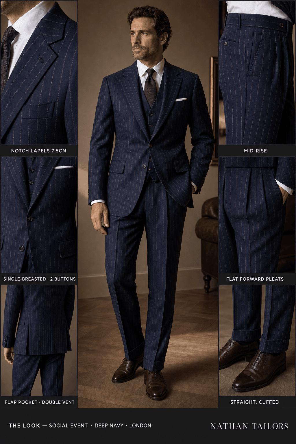 deep navy single-breasted notch-lapel bespoke suit — AI-rendered by Nathan Tailors, the Hoi An custom tailor. Available as a custom tailored suit from $129.