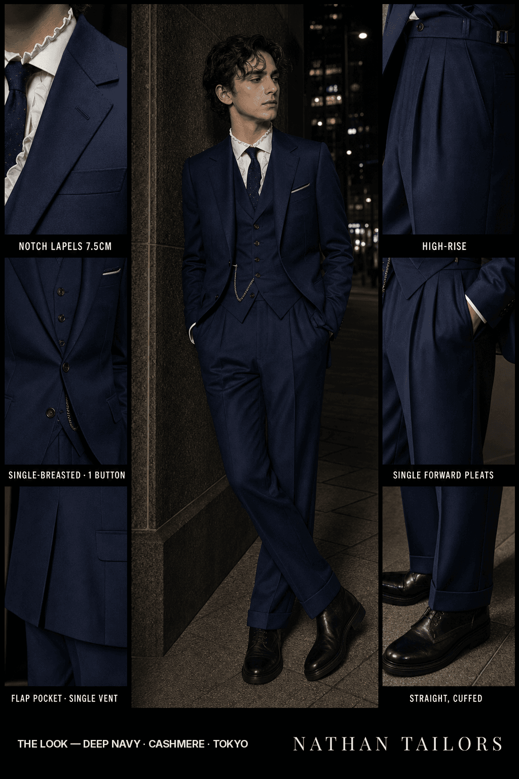 deep navy single-breasted bespoke suit — custom tailored by Nathan Tailors, the Hoi An custom tailor