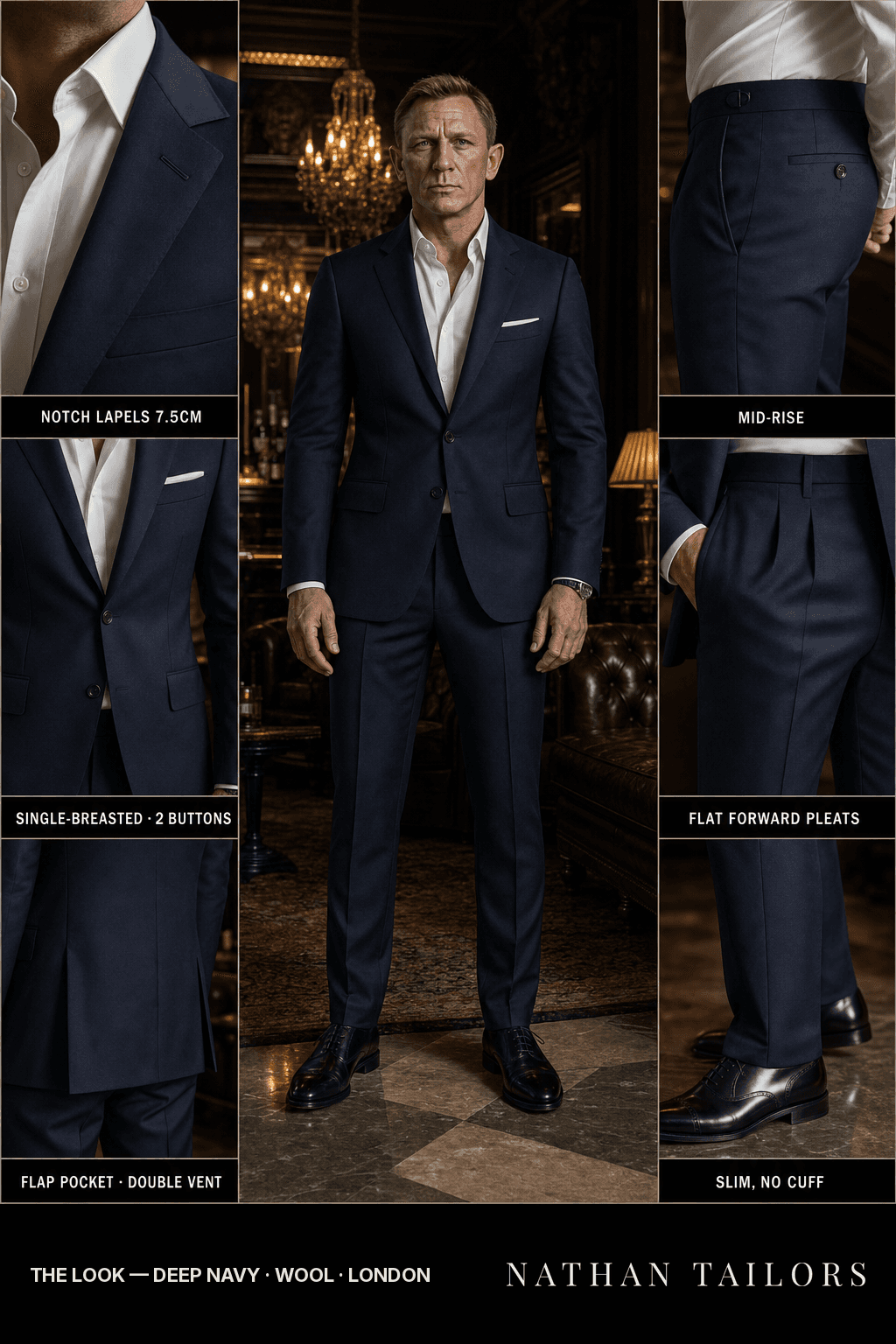 deep navy single-breasted bespoke suit — custom tailored by Nathan Tailors, the Hoi An custom tailor