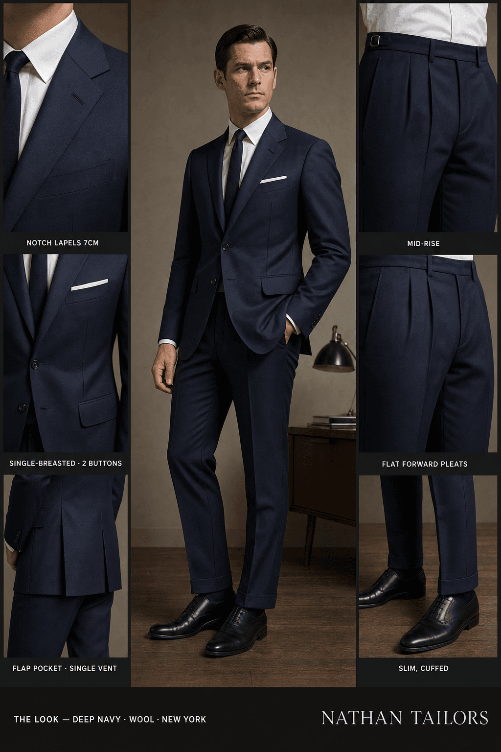 deep navy single-breasted notch-lapel bespoke suit — AI-rendered by Nathan Tailors, the Hoi An custom tailor. Available as a custom tailored suit from $149.