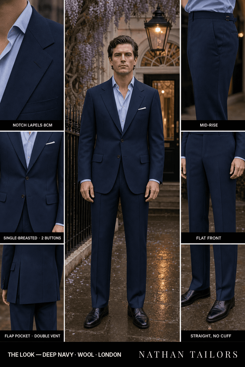 deep navy single-breasted bespoke suit — custom tailored by Nathan Tailors, the Hoi An custom tailor