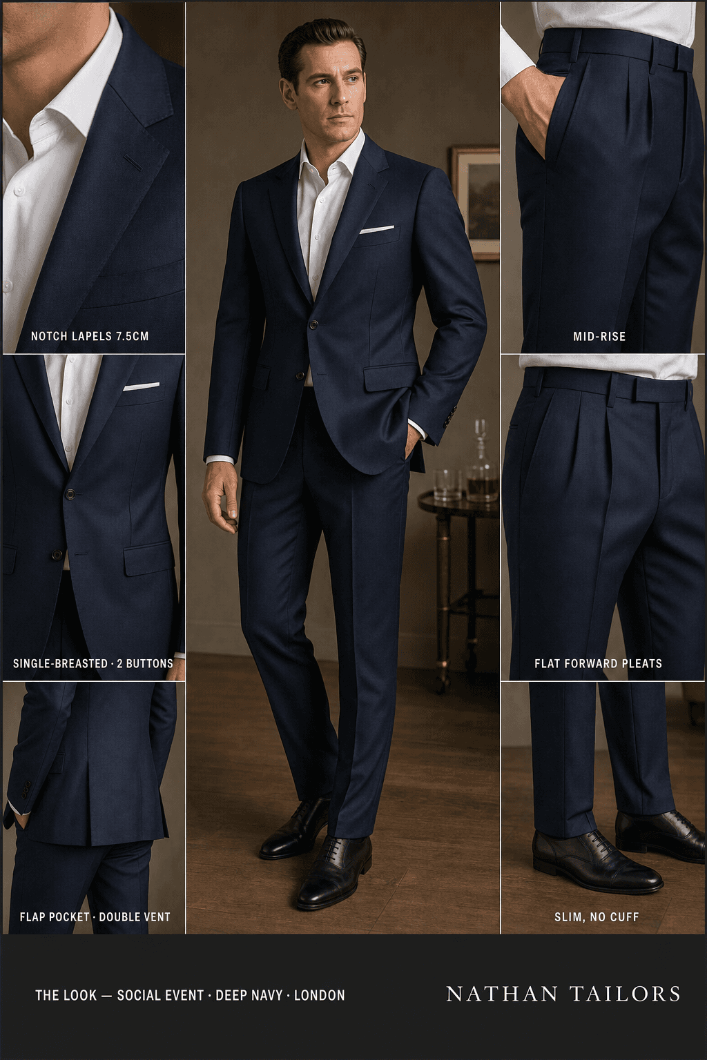 deep navy single-breasted notch-lapel bespoke suit — AI-rendered by Nathan Tailors, the Hoi An custom tailor. Available as a custom tailored suit from $129.