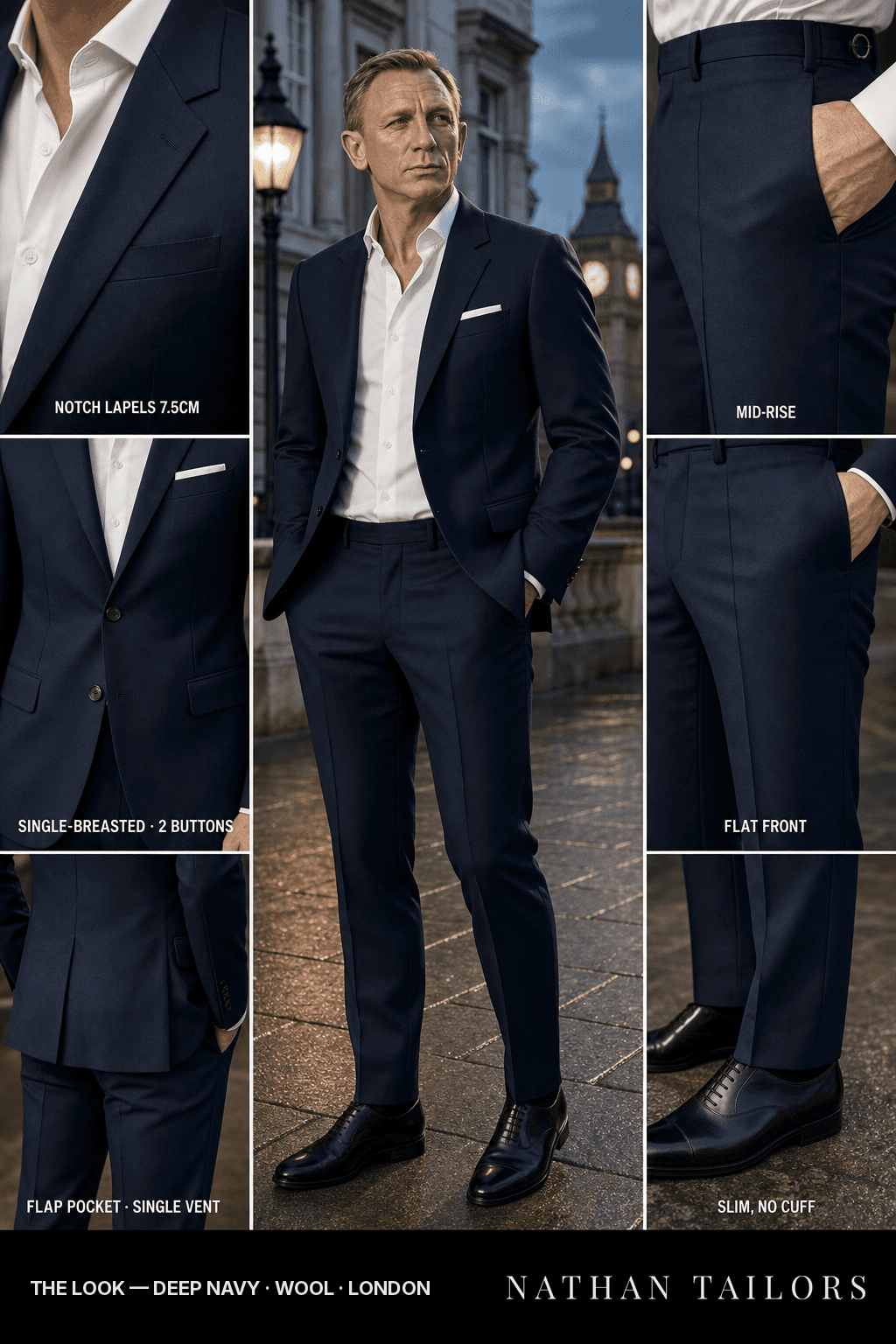 deep navy single-breasted bespoke suit — custom tailored by Nathan Tailors, the Hoi An custom tailor