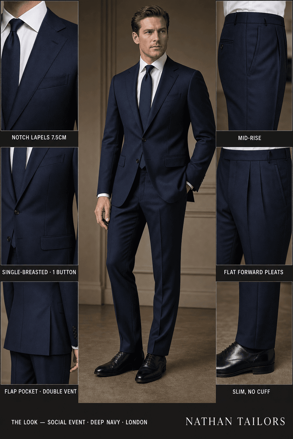 deep navy single-breasted notch-lapel bespoke suit — AI-rendered by Nathan Tailors, the Hoi An custom tailor. Available as a custom tailored suit from $129.