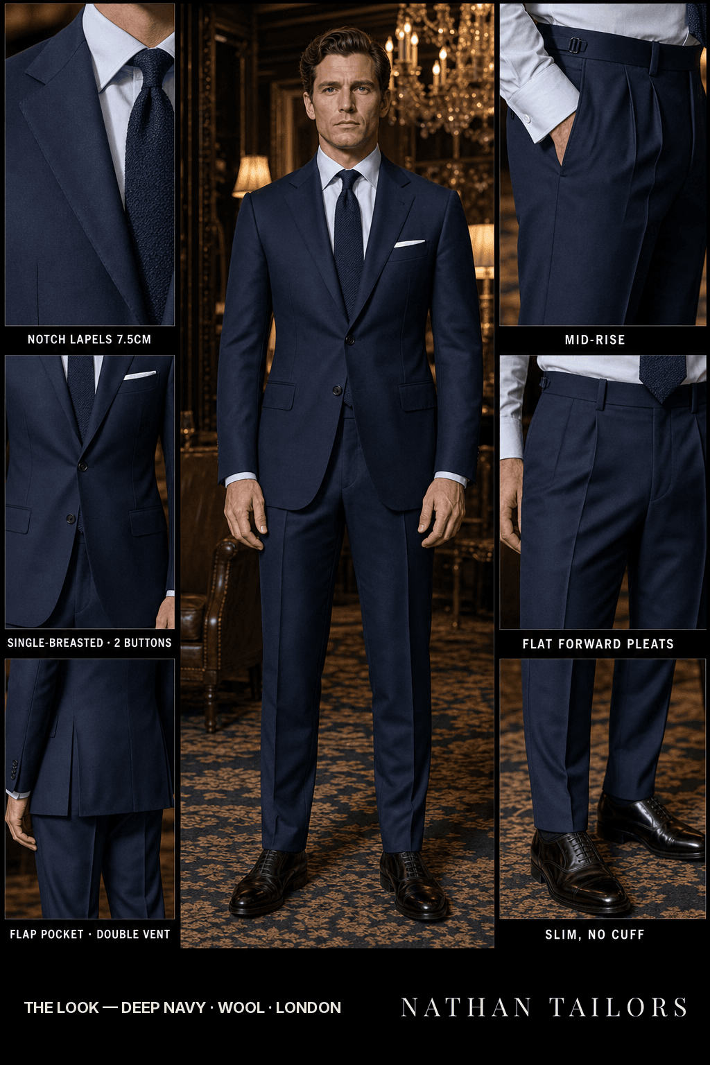 deep navy single-breasted bespoke suit — custom tailored by Nathan Tailors, the Hoi An custom tailor