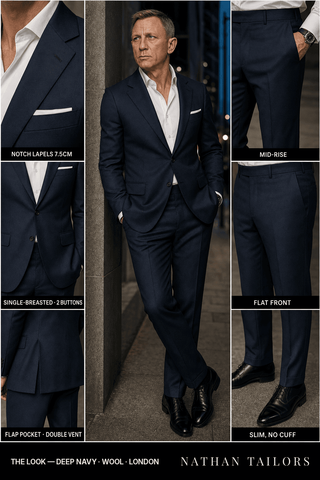 deep navy single-breasted bespoke suit — custom tailored by Nathan Tailors, the Hoi An custom tailor